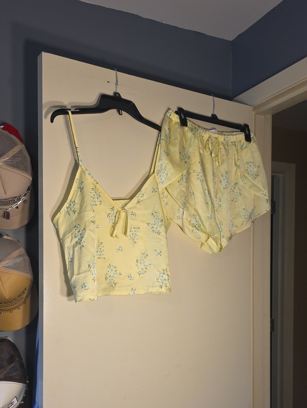 Colsie Yellow Satin Sleep Camisole with Blue Floral Print Set